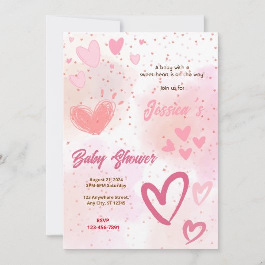 Invitation Baby shower de coeur doux (Devant)