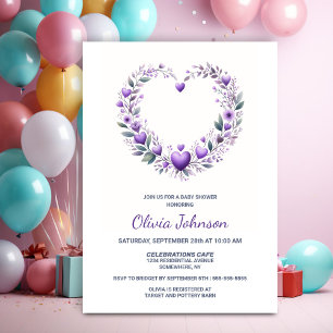 Invitation Baby shower de coeur floral pourpre