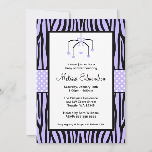 Invitation Baby shower de coeur mobile Purple Zebra (Devant)