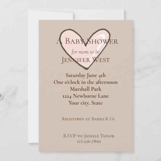 Invitation Baby shower de coeur rose crème (Dos)