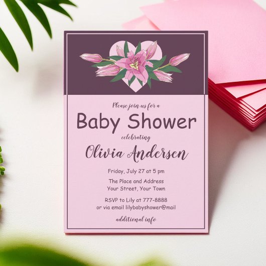 Invitation Baby shower de coeur rose fleurissant Lily
