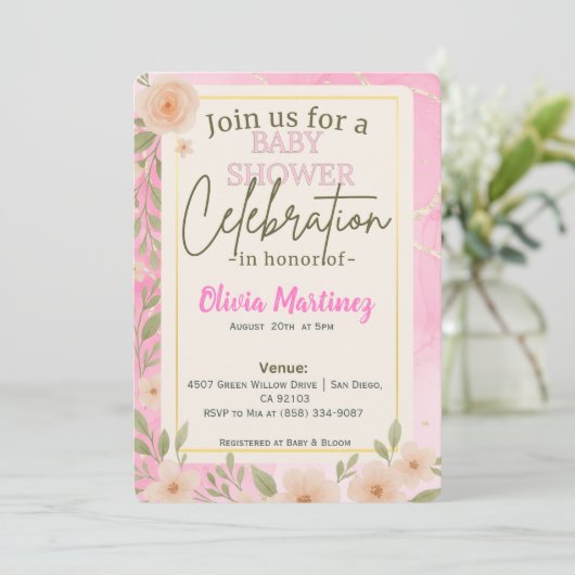 Invitation Baby shower de conception florale rose pâle Invita (Debout devant)