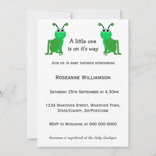 Invitation Baby shower de conception Grasshopper (Devant)