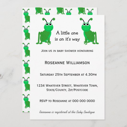 Invitation Baby shower de conception Grasshopper (Devant / Derrière)