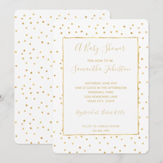 Invitation Baby shower de Confetti blanc et or brillant (Devant / Derrière)
