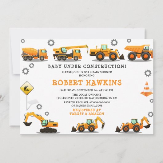 Invitation Baby shower de construction (Devant)