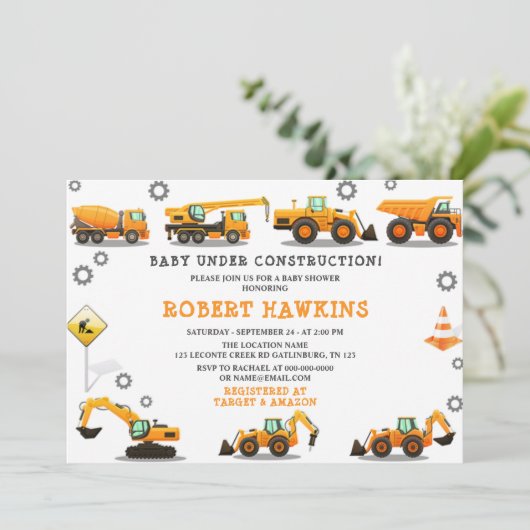 Invitation Baby shower de construction (Debout devant)