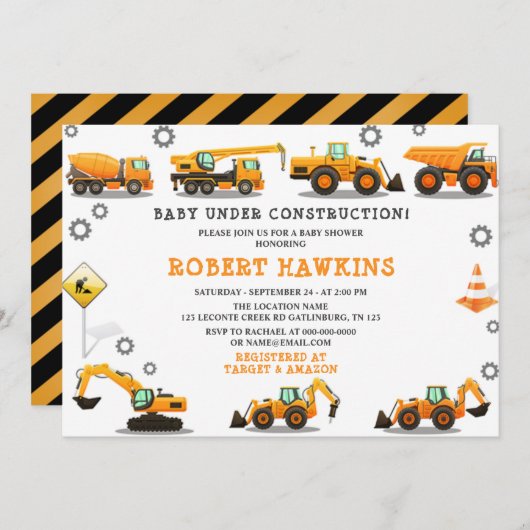 Invitation Baby shower de construction (Devant / Derrière)