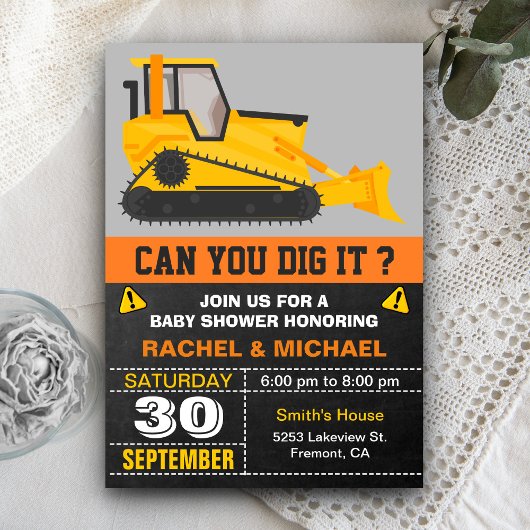 Invitation Baby shower de construction Bulldozer