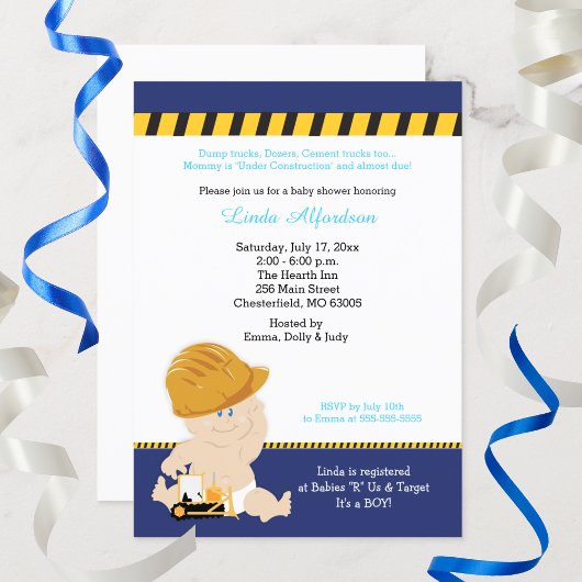 Invitation Baby shower de construction Bulldozer mou
