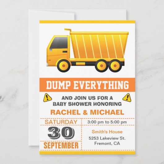 Invitation Baby shower de construction de camions de pompage (Devant)
