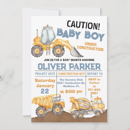 Invitation Baby shower de construction Truck Party (Devant)