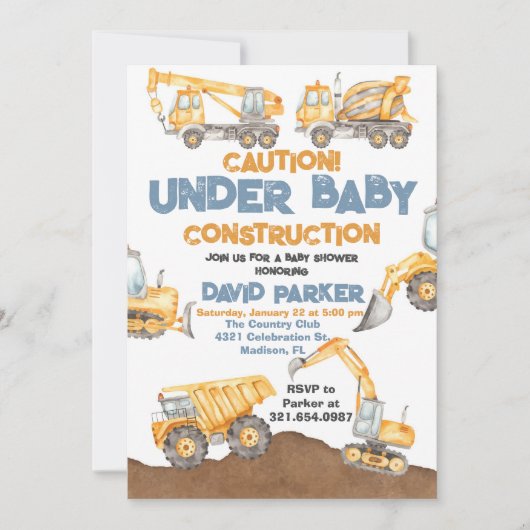 Invitation Baby shower de construction Truck Party (Devant)