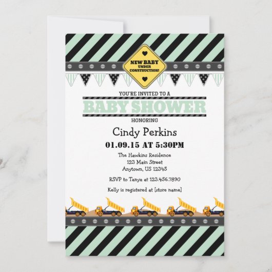 Invitation Baby shower de construction verte Mint (Devant)