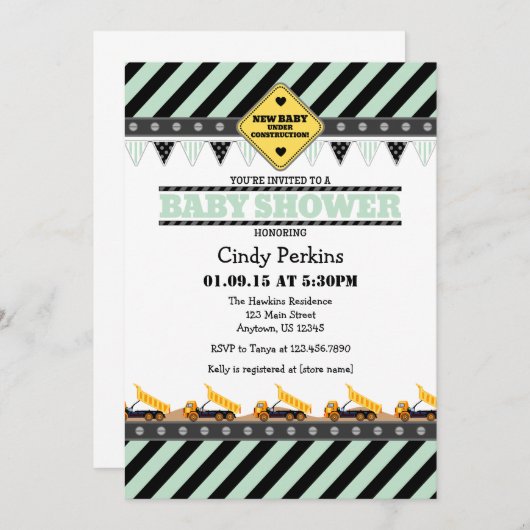 Invitation Baby shower de construction verte Mint (Devant / Derrière)