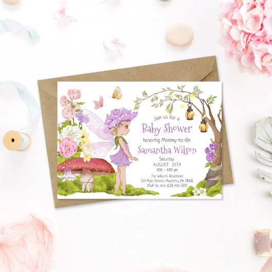 Invitation Baby shower de contes de fées florales pourpres