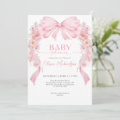 Invitation Baby shower de coquette pour fille rose ruban (Debout devant)