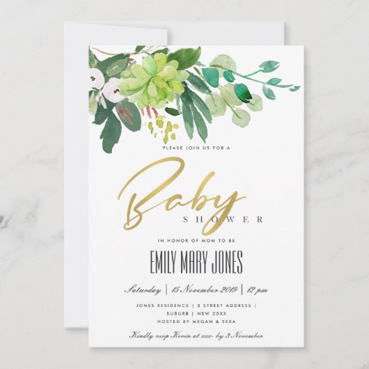 INVITATION BABY SHOWER DE COULEUR D'EAU DE FOLIAGE SUCCULENT (Devant)