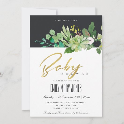 INVITATION BABY SHOWER DE COULEUR D'EAU DE FOLIAGE SUCCULENT  (Devant)