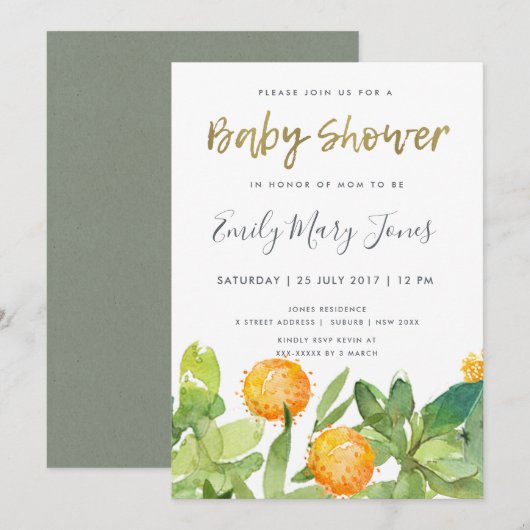 INVITATION BABY SHOWER DE COULEUR D'EAU FLORALE SUCCULTE CACT (Devant / Derrière)