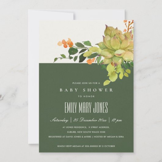 INVITATION BABY SHOWER DE COULEUR D'EAU FLORALE SUCCULTE CACT (Devant)