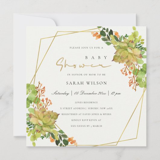 INVITATION BABY SHOWER DE COULEUR D'EAU FLORALE SUCCULTE CACT (Devant)