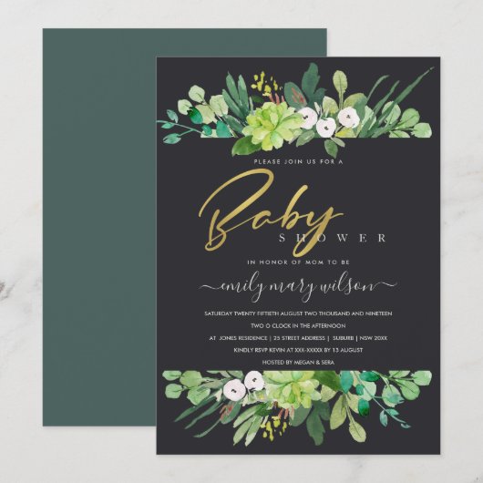 INVITATION BABY SHOWER DE COULEUR D'EAU SUCCULENTE DE RÉSERVE (Devant / Derrière)