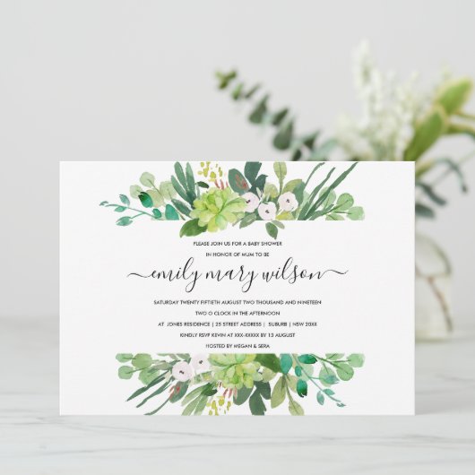 INVITATION BABY SHOWER DE COULEUR D'EAU SUCCULENTE DE RÉSERVE (Debout devant)