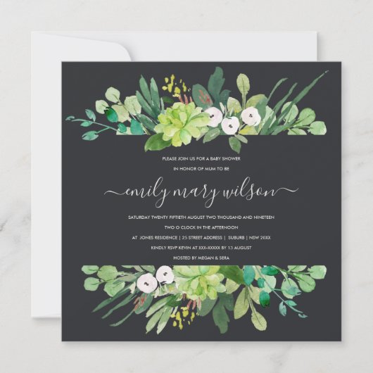 INVITATION BABY SHOWER DE COULEUR D'EAU SUCCULENTE DU CADRE D (Devant)