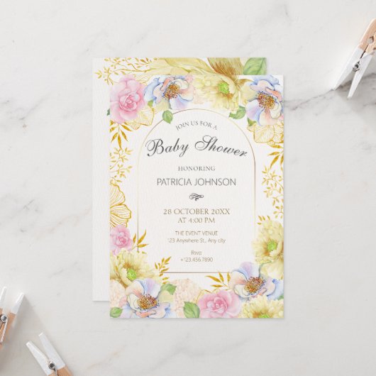 Invitation Baby shower de couleur douce florale (Devant/Arrière en situation)