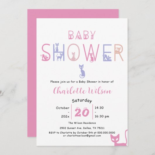 Invitation Baby shower de couleur mignonne Cat Pastel (Devant / Derrière)