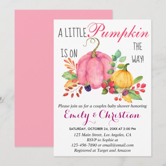 Invitation Baby Shower de Couple Automnal Petite Citrouille R (Devant / Derrière)