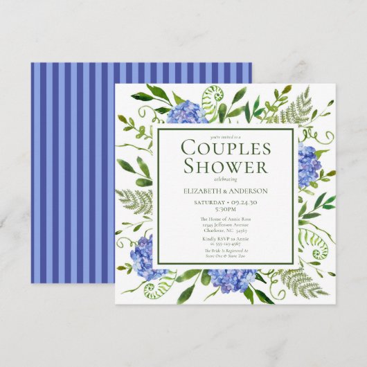 Invitation Baby-Shower de Couple Fleurs d'Hydrangeas Bleus Aq (Devant / Derrière)