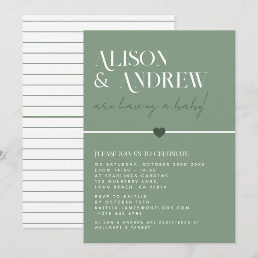 Invitation Baby shower de couple géométrique moderne Sage Gre (Devant / Derrière)