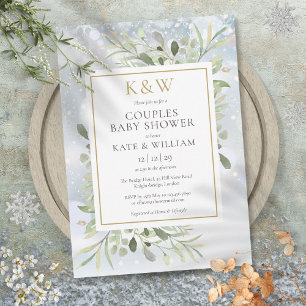 Invitation Baby Shower de couple Monogram Or Greenery d'Hiver