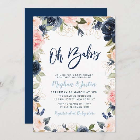 Invitation baby shower de couples de fleurs marines et rousse (Devant / Derrière)