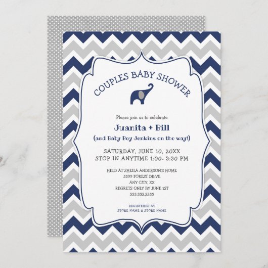 Invitation Baby shower de couples d'éléphants bleu marine (Devant / Derrière)