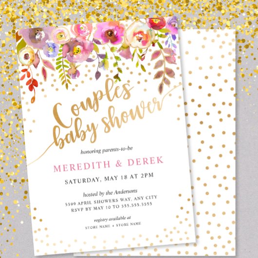 Invitation Baby shower de Couples Floraux d'or ros