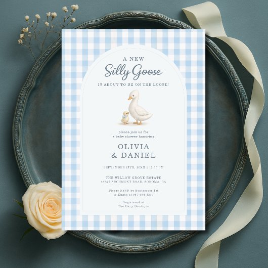 Invitation Baby Shower de couples Silly Goose Blue Gingham