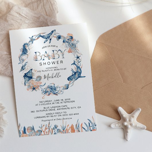 Invitation Baby shower de couronne d'aquarelle sous-marine