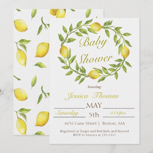 Invitation Baby shower de couronne de citron (Devant / Derrière)