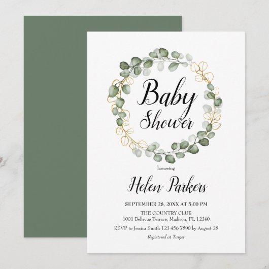 Invitation Baby shower de couronne de feuillage Eucalyptus (Devant / Derrière)