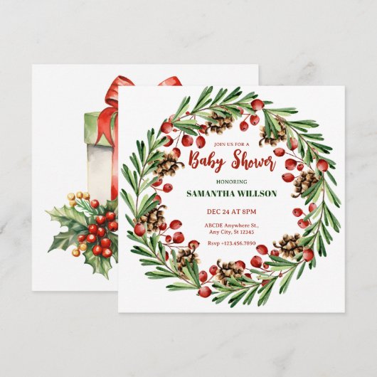 Invitation Baby shower de couronne de Noël (Devant / Derrière)