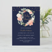 Invitation Baby shower de couronne d'or Sparkine Navy Peach (Debout devant)