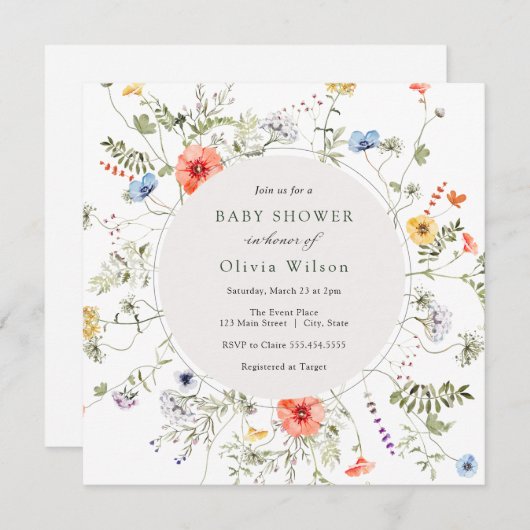 Invitation Baby shower de couronne fleur sauvage (Devant / Derrière)