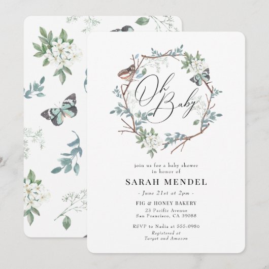Invitation Baby shower de couronne florale de papillons de la (Devant / Derrière)