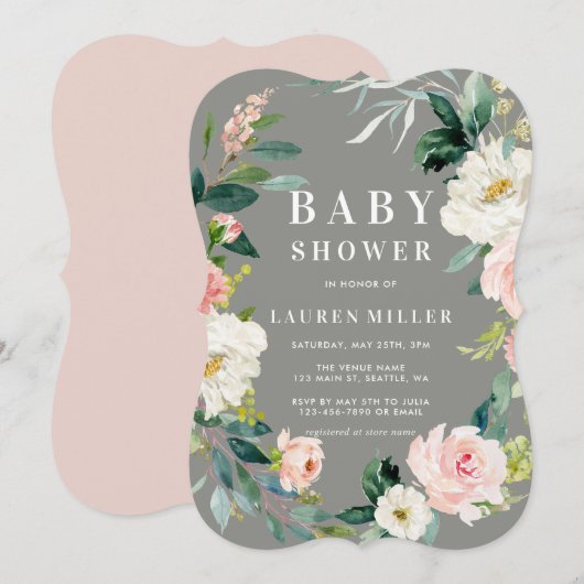 Invitation Baby shower de couronne florale gris (Devant / Derrière)