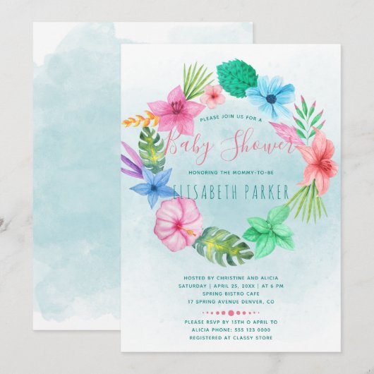 Invitation Baby shower de couronnes à fleurs bleu tropical ha (Devant / Derrière)