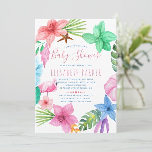 Invitation Baby shower de couronnes à fleurs rose tropicale h (Debout devant)