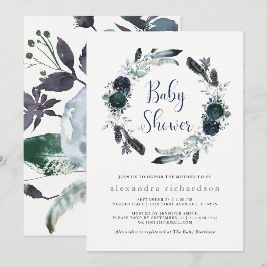 Invitation Baby shower de couronnes florales de Boho Navy Peo (Devant / Derrière)